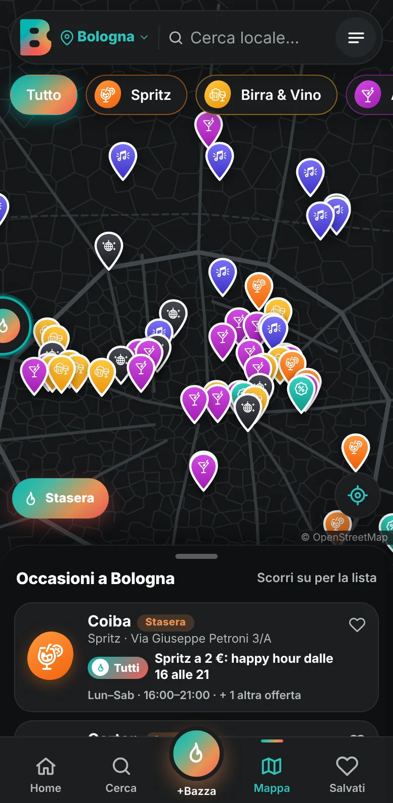 La schermata principale di bazzApp: la mappa di Bologna con i locali e le offerte della sera